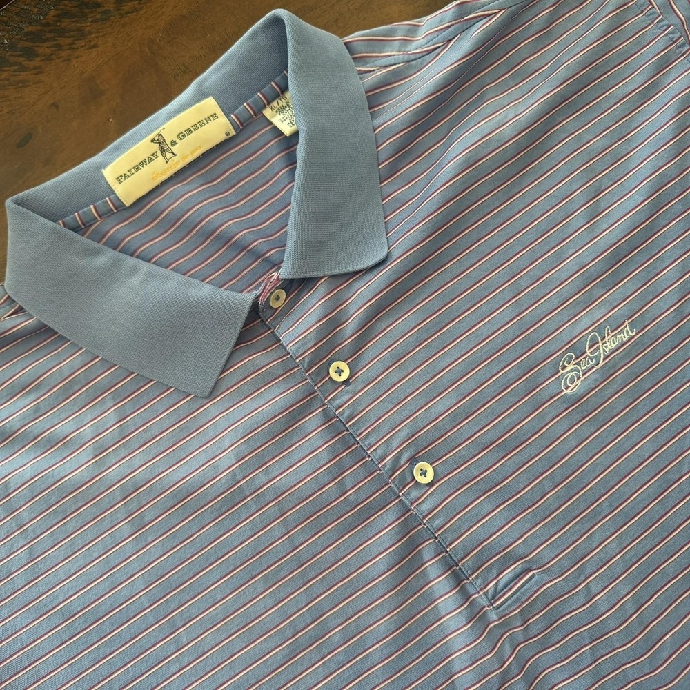 Fairway & Greene Polo Shirt Mens XL Blue Stripe Sea Island Embroidered Golf